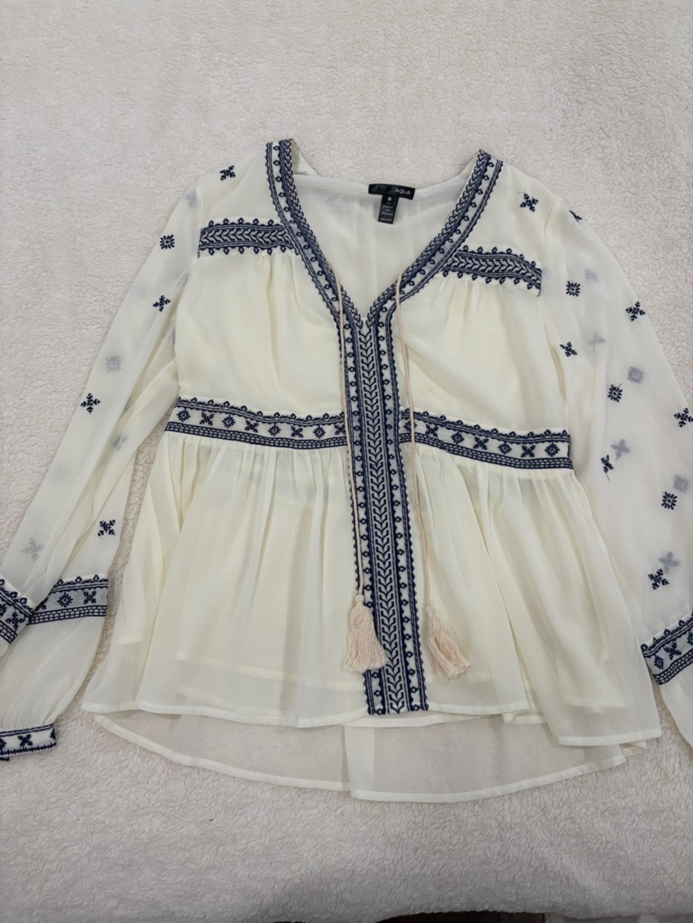 Aqua - Ivory Tunic with Navy Embroidery (SIZE M)